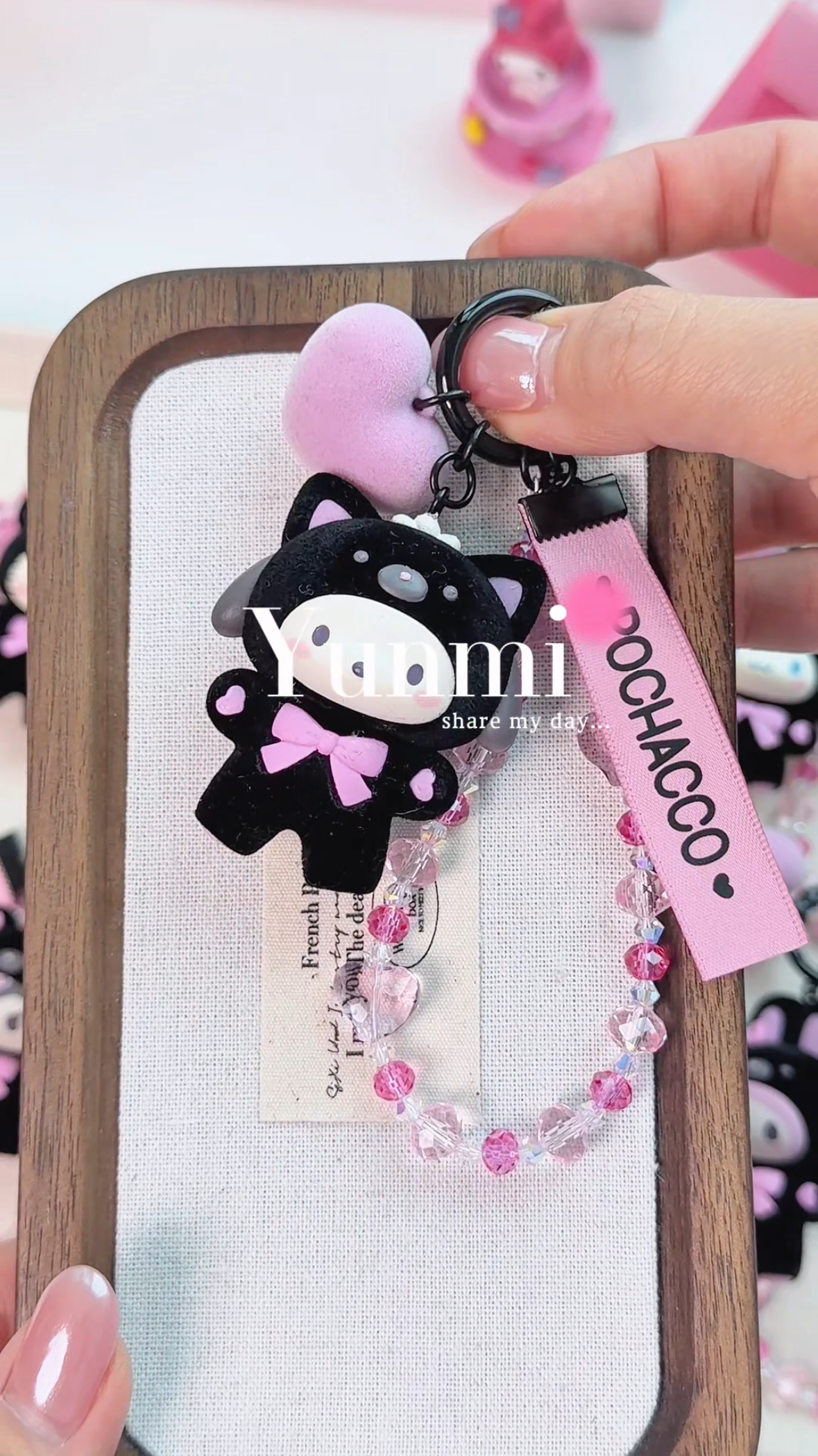 Black Flocked Sanrio Charm Keychain โ Velvet-Soft Mascot, Original Chain
