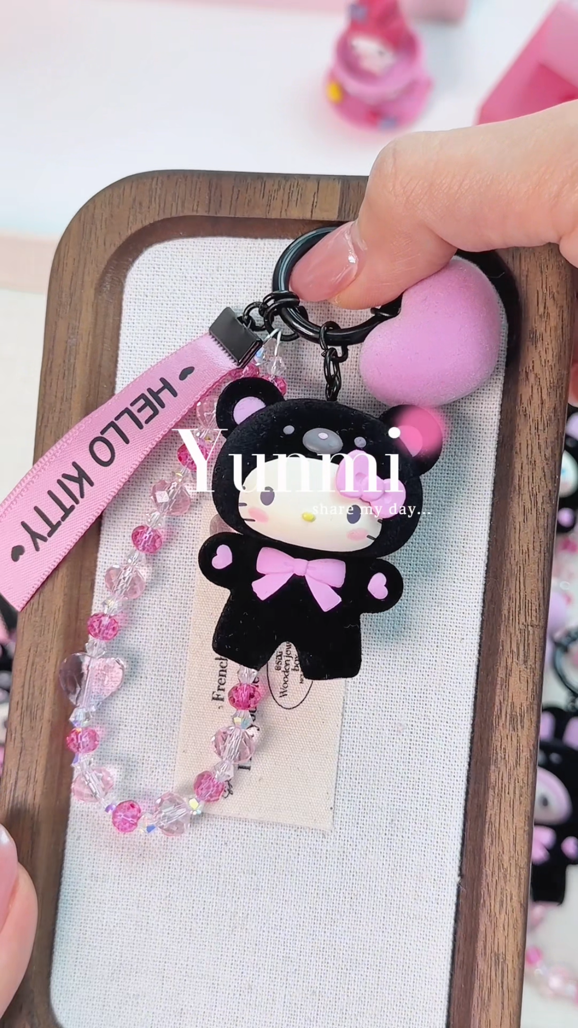 Black Flocked Sanrio Charm Keychain – Velvet-Soft Mascot, Original Chain