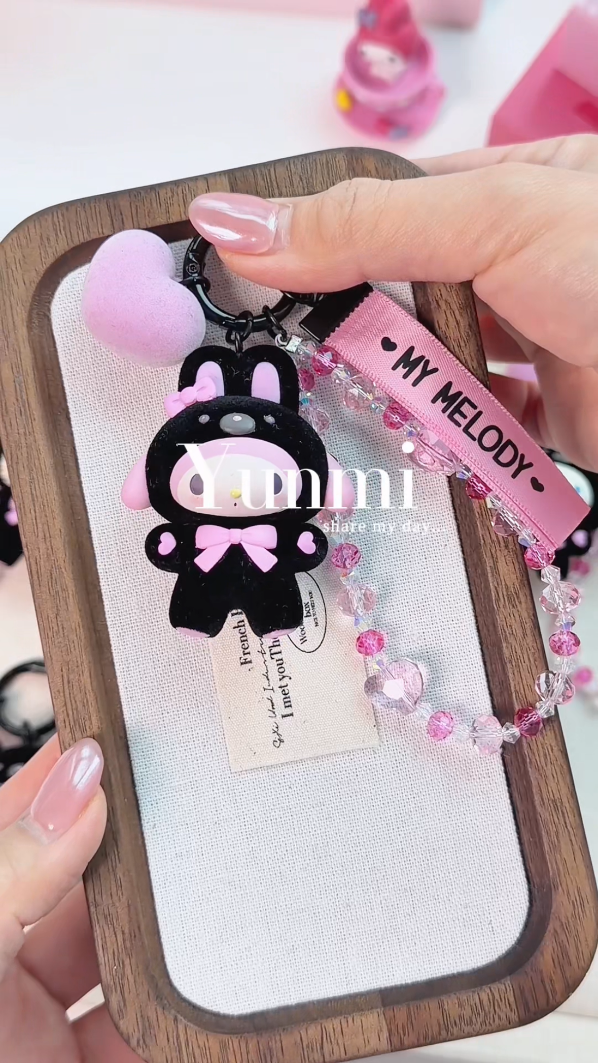 Black Flocked Sanrio Charm Keychain – Velvet-Soft Mascot, Original Chain
