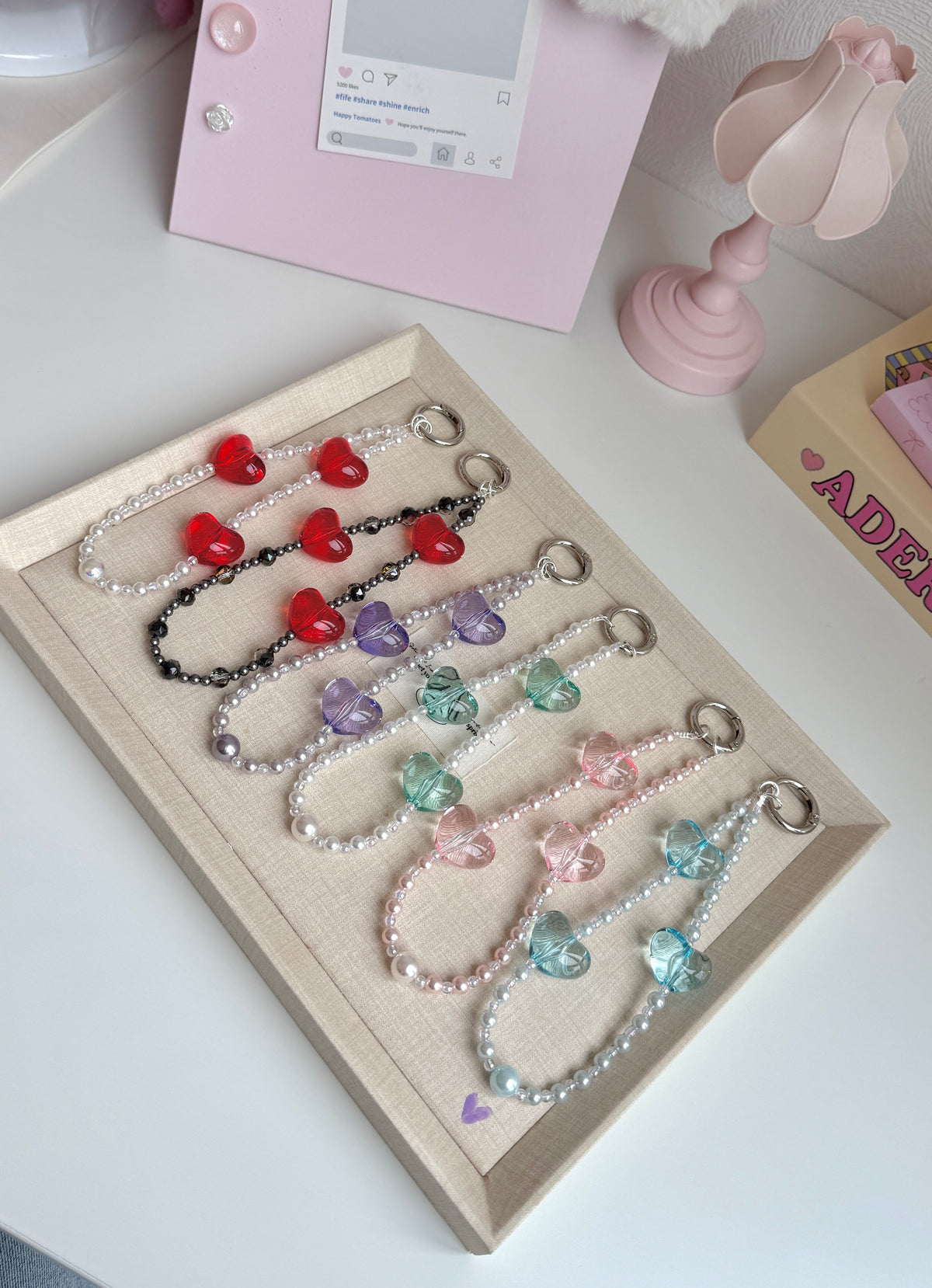 3D Transparent Heart & Pearl Phone Charm – Elegant Original Design