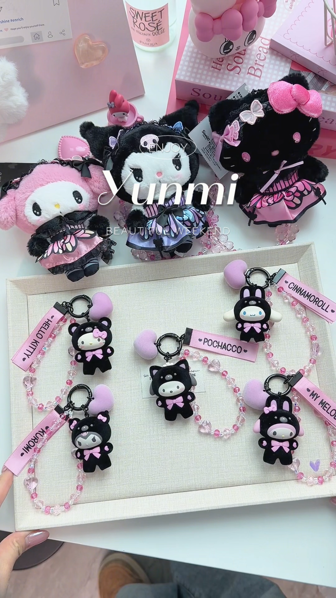 Black Flocked Sanrio Charm Keychain – Velvet-Soft Mascot, Original Chain